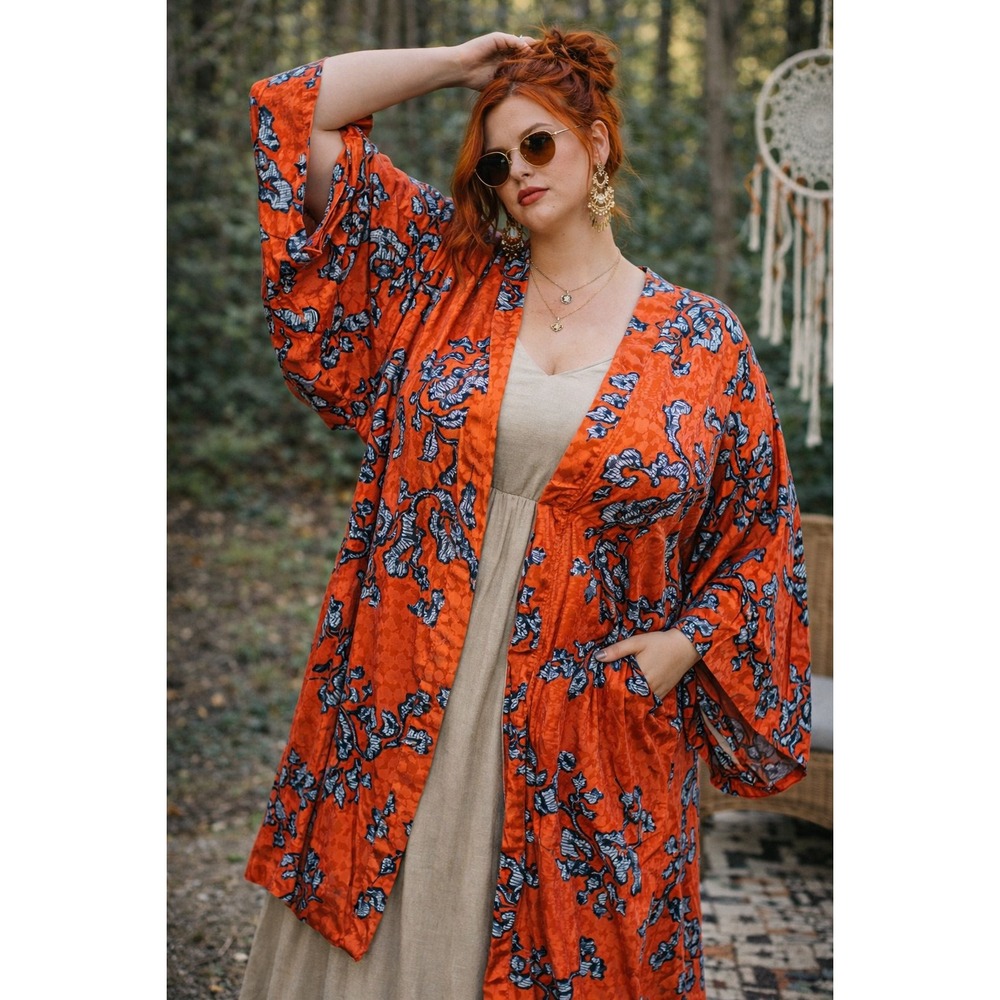 Chico's Kimono Open Front Floral Print Duster Jacket Orange Spice Size‎ 4 NWT